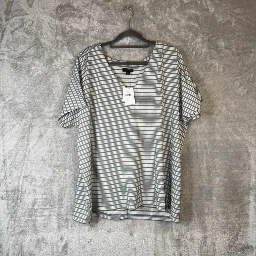 J Jill Wearever Collection Green White Striped Boxy Top Sz L Button Back NWT